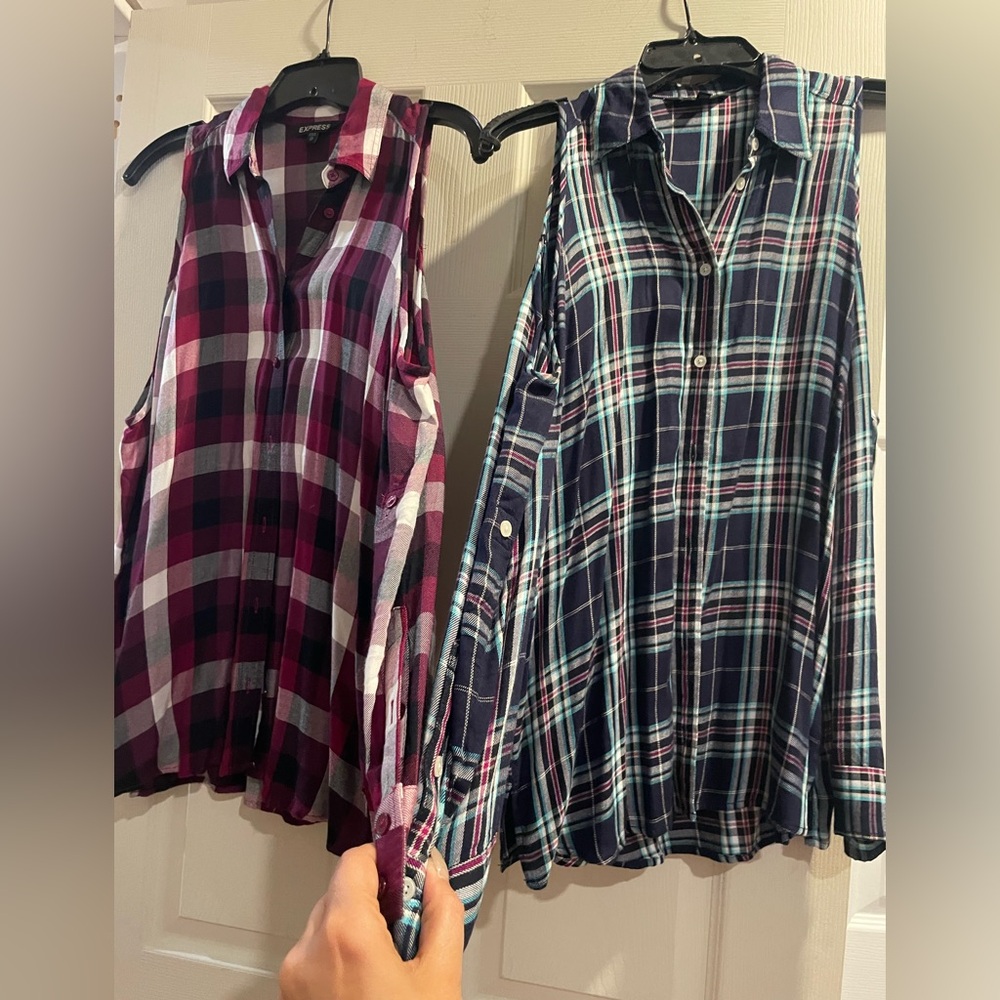 Plaid Sleeveless Cold Shoulder Button down Tops - Red and Blue.. 2 for $40